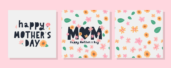 Set cards to the Happy Mother's Day. Calligraphy and lettering. Vector illustration on white background flowers pattern