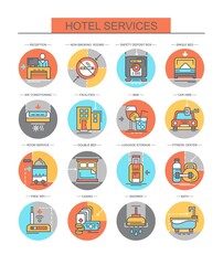 Hotel service. Business. Set of color, flat, vector, linear icons. Set for the site. There are icons such as reception, shower, breakfast, free Wi-Fi, fitness center and others.
