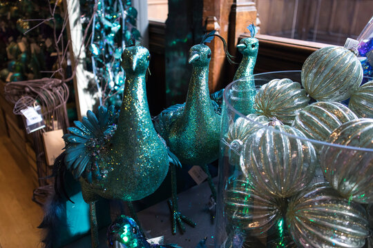 Christmas Decorations In The Form Of Aquamarine Peacocks At The Liberty Store