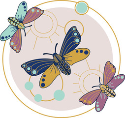 Moth on the Moon. Vector illustration with moths and moon. Butterflies on the Moon. 