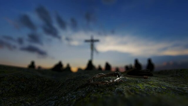 Crucifixion of Jesus Christ with thorn crown, nails, hammer and believers praying against beautiful sunrise, 4K