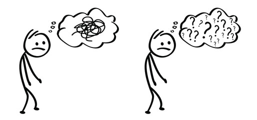 Stick figures man is not happy. Think big or dream. Flat vector sign. Stickman is illness. Alzheimer, parkinson, dementia, depressive problem 