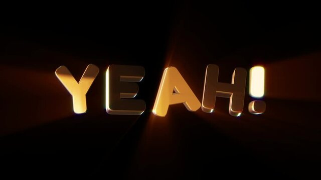 Word yeah in 3d cartoon style. Design text element for game, branding. Flying and rotating object. Bright dynamic animation on simple background.