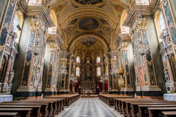 Interior of the Cathedral Duomo Santa Maria Assunta (German: Dom Mariae Aufnahme in den Himmel und St. Kassian) of Bressanone - Brixen. Trentino Alto Adige South Tyrol, Südtirol, Italy.