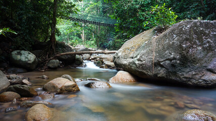 Naklejka na ściany i meble Beautiful clear river stream in lush green forest in Kuala Kubu Bharu, Selangor, Malaysia.