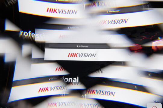 Milan, Italy - APRIL 10, 2021: Hikvision logo on laptop screen seen through an optical prism. Illustrative editorial image from Hikvision website.