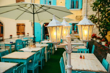 view of beautiful outdoors restaurant with sun umbrellas