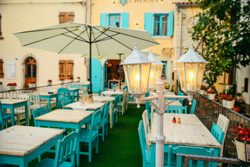 view of beautiful outdoors restaurant with sun umbrellas