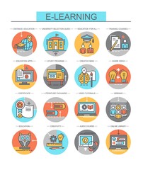 Learning. Set of flat, vector, linear icons. The set includes icons such as an online library, training courses, webinar, certificate and more.
