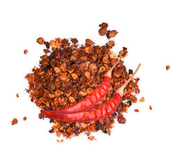 Dried  red  chillis top view  isolated on white background..
