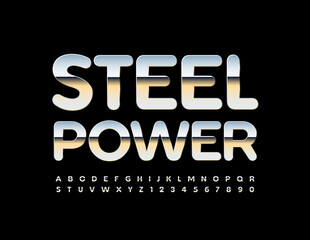 Vector industrial template Steel Power. Glossy metal Font. Silver Alphabet Letters and Numbers set