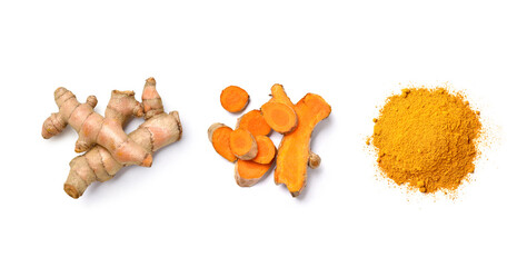 Flat lay (top view) of Turmeric (curcumin) powder with rhizome and slices on white background.