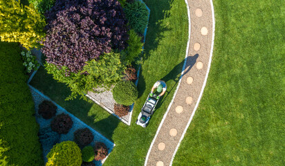 Landscaping Job Grass Mowing Aerial - obrazy, fototapety, plakaty