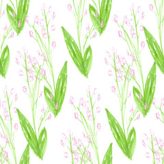 Fototapeta na wymiar Seamless Pattern Design Pastel Drawn Bright Floral Pattern with Colorful Leaves and Blooming Dandelion Flowers on White Background.