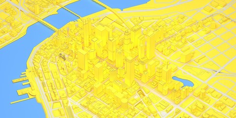 yellow low poly modern downtown with river above view