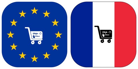 Click & collect, achat en ligne à emporter, drapeau européen et français