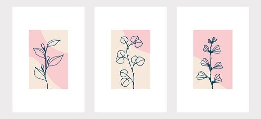 posters with leaves and flowers in vases, in pastel colors, in a modern minimalist style, flowing lines and shapes, vector graphics