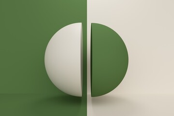 Abstract background with green and white half ball. Backdrop design for product promotion. 3d rendering