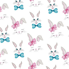 Cartoon bunny faces seamless pattern,  cute cartoon illustration template with rabbits, hand painted watercolor Easter pattern for wallpaper, wrapping paper, scrapbooking, fabrics, textiles