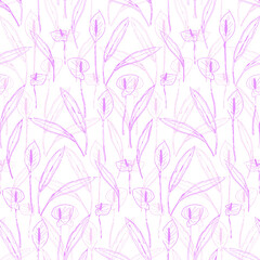 Tropical flower calla with leaves simple lines seamless pattern. Floral fabric print background.