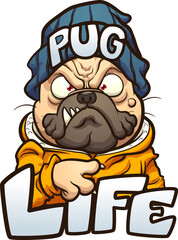 Cartoon pug dog with angry face wearing a beanie and the text Pug Life. Vector clip art illustration with simple gradients. Some elements on separate layers.

