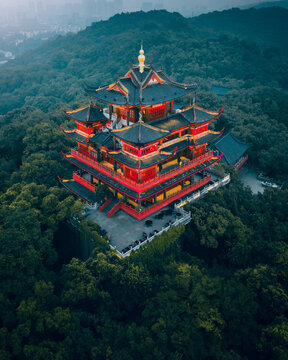 Aerial view of Chenghuang Pavilion on top of the mountain, Hangzhou, China