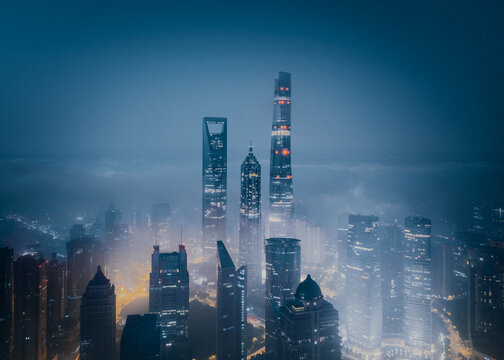 Aerial view of Lujiazui area covered in low fog in the morning, Shanghai, China
