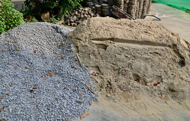 Closeup of Piles of sand and stone for the construction site at Thailand.