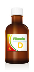 Vitamin D supplement medicine bottle, symbolic for artificial, synthetic or natural supplements to prevent lack of vitamins. Vector illustration on white background.
