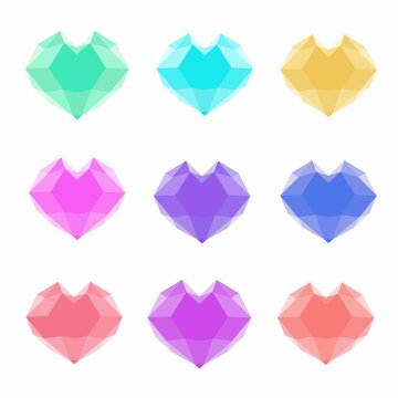 Vector illustration of isolated diamond hearts on the white background. Low poly style. 