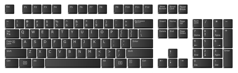 Computer keyboard with numeric keypad, black, US international layout - obrazy, fototapety, plakaty