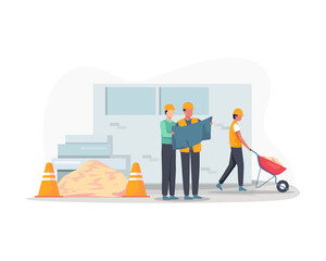 Building industry concept. Construction worker holding blueprint, Architects discuss a project. Construction of buildings according to drawings, Contractor and engineer character. Vector in flat style