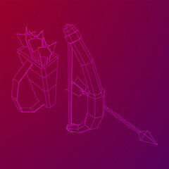 Fototapeta na wymiar Medieval Bow and arrow archer weapon. Wireframe low poly mesh vector illustration.