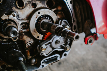 Fototapeta premium Motorcycle engine repair Check the condition of the engine damage.