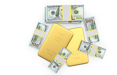 Heap of gold bars with bundles of dollar bills top view. 3d illustration 