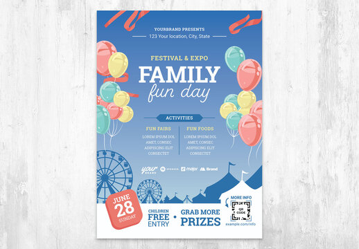 Family Fun Day Poster Flyer with Balloons and Fairground Illustration
