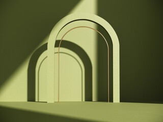 3D render, Abstract composition, background with geometric Objects and shadow on the wall. Showcase, Podium, stand of stairs, golden arches for advertising, presentation of goods, products. 