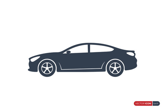 Car Icon with Racing Wheels. Sport Car Silhouette Side View isolated on White Background. Usable for Automobile Logo. Flat Vector Illustration Design Template Element.