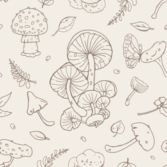 Seamless retro-style pattern with different cute mushrooms, leaves, and Butterfly. Wallpaper. Card design.