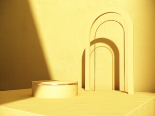 3D render, Abstract composition, background with geometric Objects and shadow on the wall. Showcase, Podium, stand of stairs, golden arches for advertising, presentation of goods, products. 