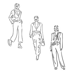 Stylish Girls Fashion Illustration. Six different street style looks. Spring and fall season casual wear. Vector outline freehand sketch isolated on white background