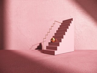 3D render, Abstract composition, background with geometric Objects and shadow on the wall. Showcase, Podium, stand of stairs, golden arches for advertising, presentation of goods, products. 