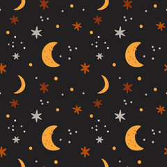 Obraz na płótnie Canvas Seamless boho pattern with moons and stars. Childish pattern with crescent moon for girl or boy. Print for newborn baby. Nursery print for textile, apparel, wrapping paper, fabric, clothing