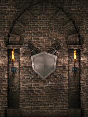 Medieval arch with swords and shield background.3d illustration.