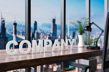 company; office chair in front of modern workspace and panoramic skyline view; company concept; 3D Illustration