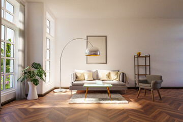 retro vintage style living room with grey two seated couch, large floor lamp and white illuminated canvas; large windows with garden view; 3D Illustration;