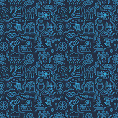 A seamless pattern of robotics icons, computers, androids and artificial intelligence in dark line style.