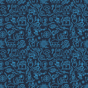 A seamless pattern of robotics icons, computers, androids and artificial intelligence in dark line style.