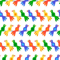 Cute birds seamless vector pattern. Colorful repeating animal background for kids. Blue red yellow green birds sitting on a rope. Fun kids surface pattern design for fabric, wallpaper, nursery, decor.