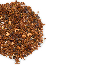 Chocolate granola cereal with nuts.